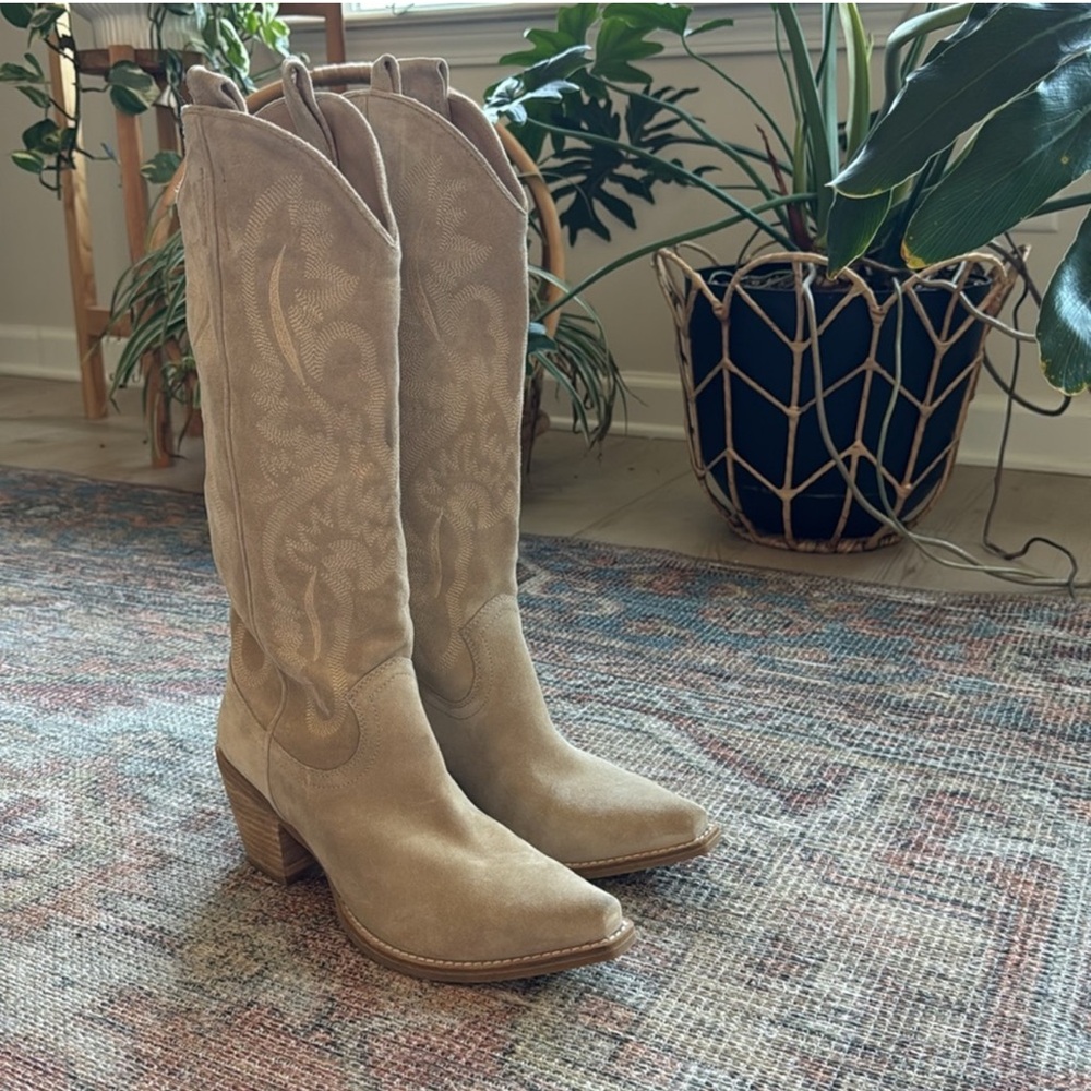 Jeffrey Campbell Rancher Knee High Western Boot In Beige Suede